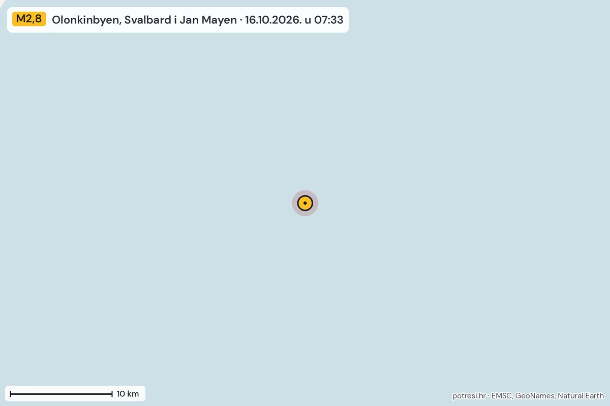 Karta: okolica epicentra, 60 km, potres M2,8, Olonkinbyen, Svalbard i Jan Mayen, 16.10.2026.