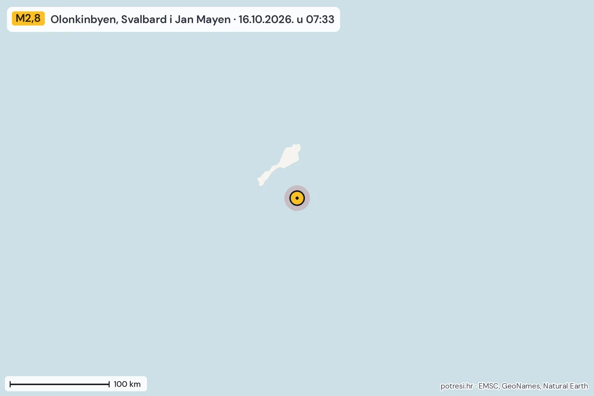 Karta: šire područje, 600 km, potres M2,8, Olonkinbyen, Svalbard i Jan Mayen, 16.10.2026.