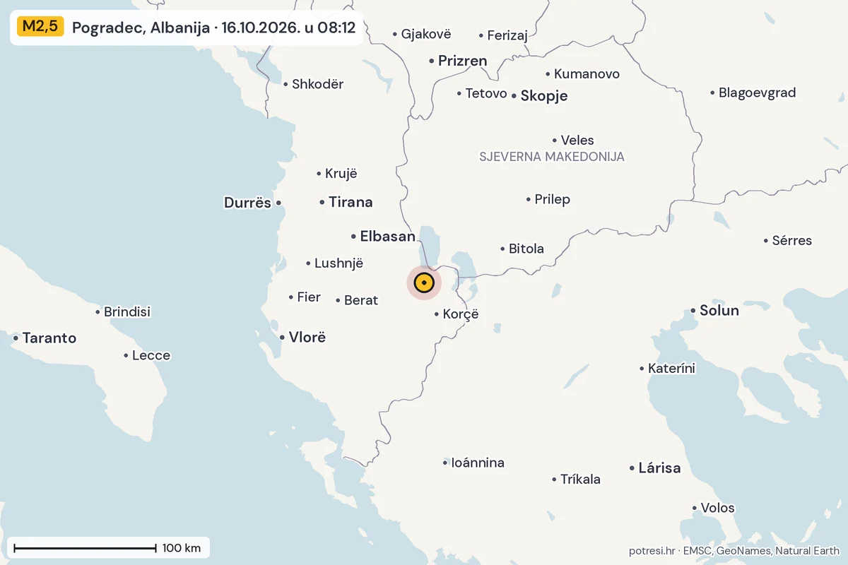 Karta: šire područje, 600 km, potres M2,5, Pogradec, Albanija, 16.10.2026.