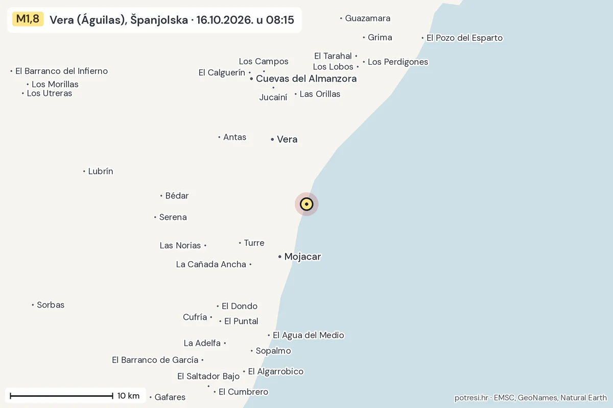 Karta: okolica epicentra, 60 km, potres M1,8, Vera (Águilas), Španjolska, 16.10.2026.