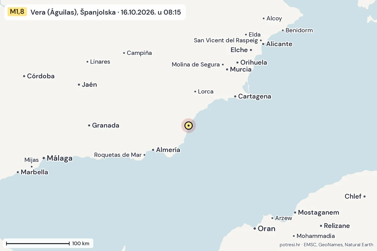 Karta: šire područje, 600 km, potres M1,8, Vera (Águilas), Španjolska, 16.10.2026.