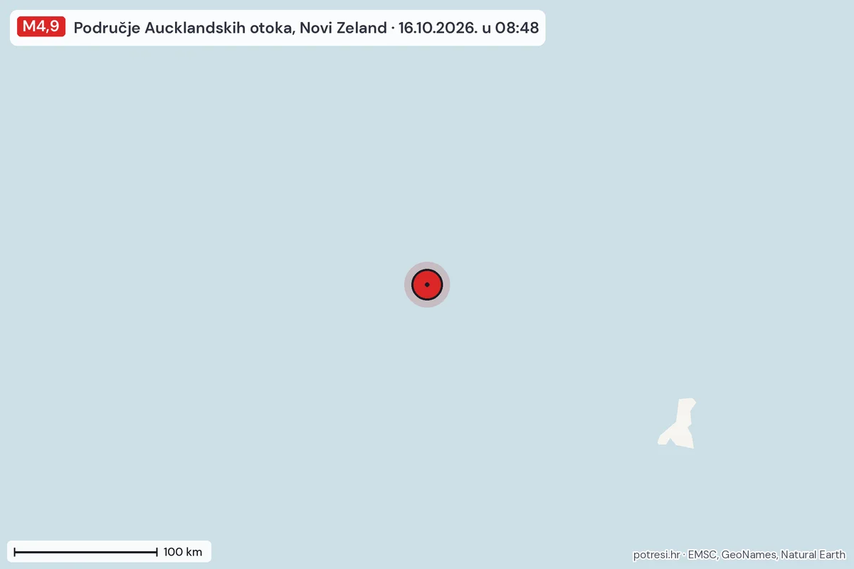 Karta: šire područje, 600 km, potres M4,9, Područje Aucklandskih otoka, Novi Zeland, 16.10.2026.