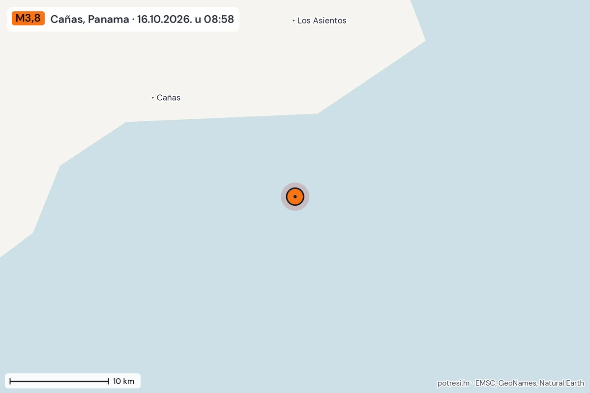 Karta: okolica epicentra, 60 km, potres M3,8, Cañas, Panama, 16.10.2026.