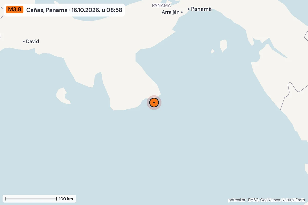 Karta: šire područje, 600 km, potres M3,8, Cañas, Panama, 16.10.2026.