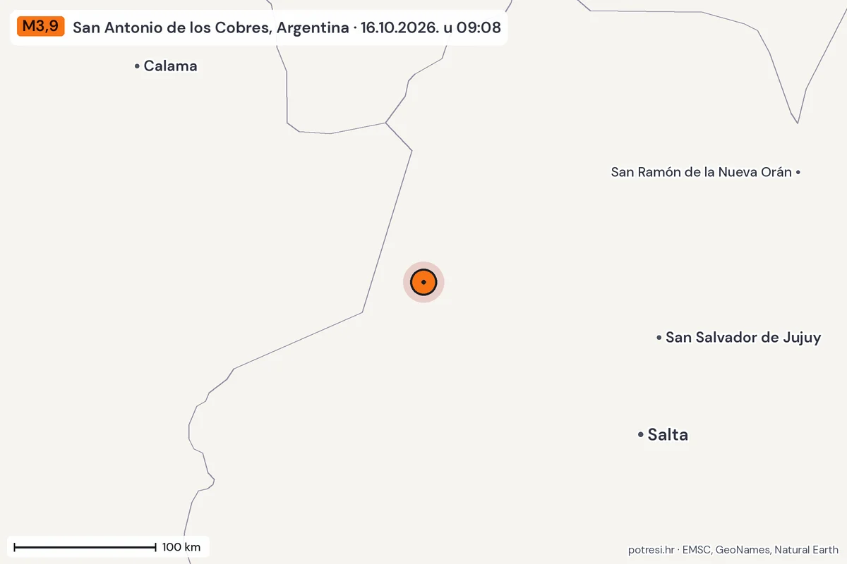 Karta: šire područje, 600 km, potres M3,9, San Antonio de los Cobres, Argentina, 16.10.2026.
