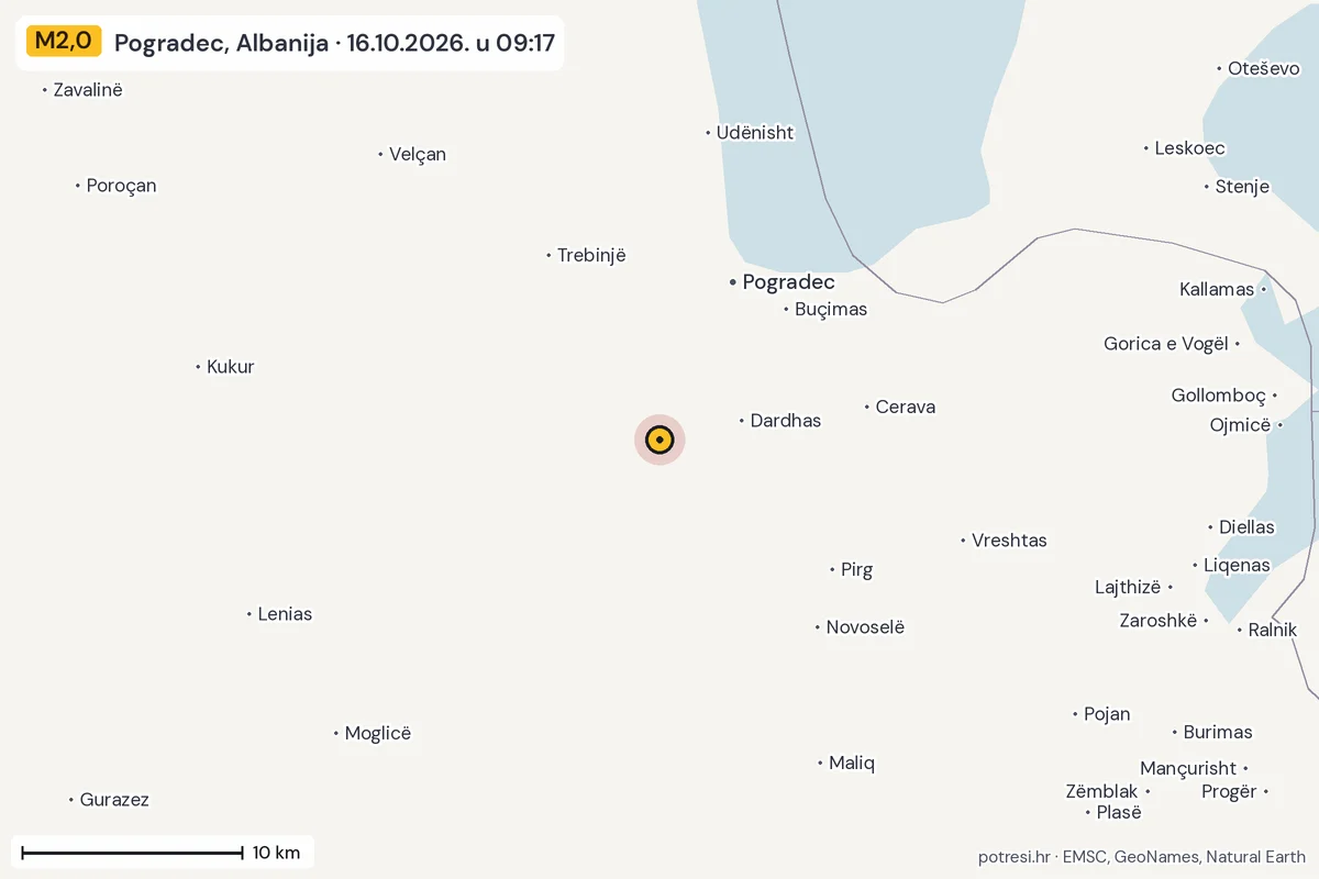 Karta: okolica epicentra, 60 km, potres M2,0, Pogradec, Albanija, 16.10.2026.