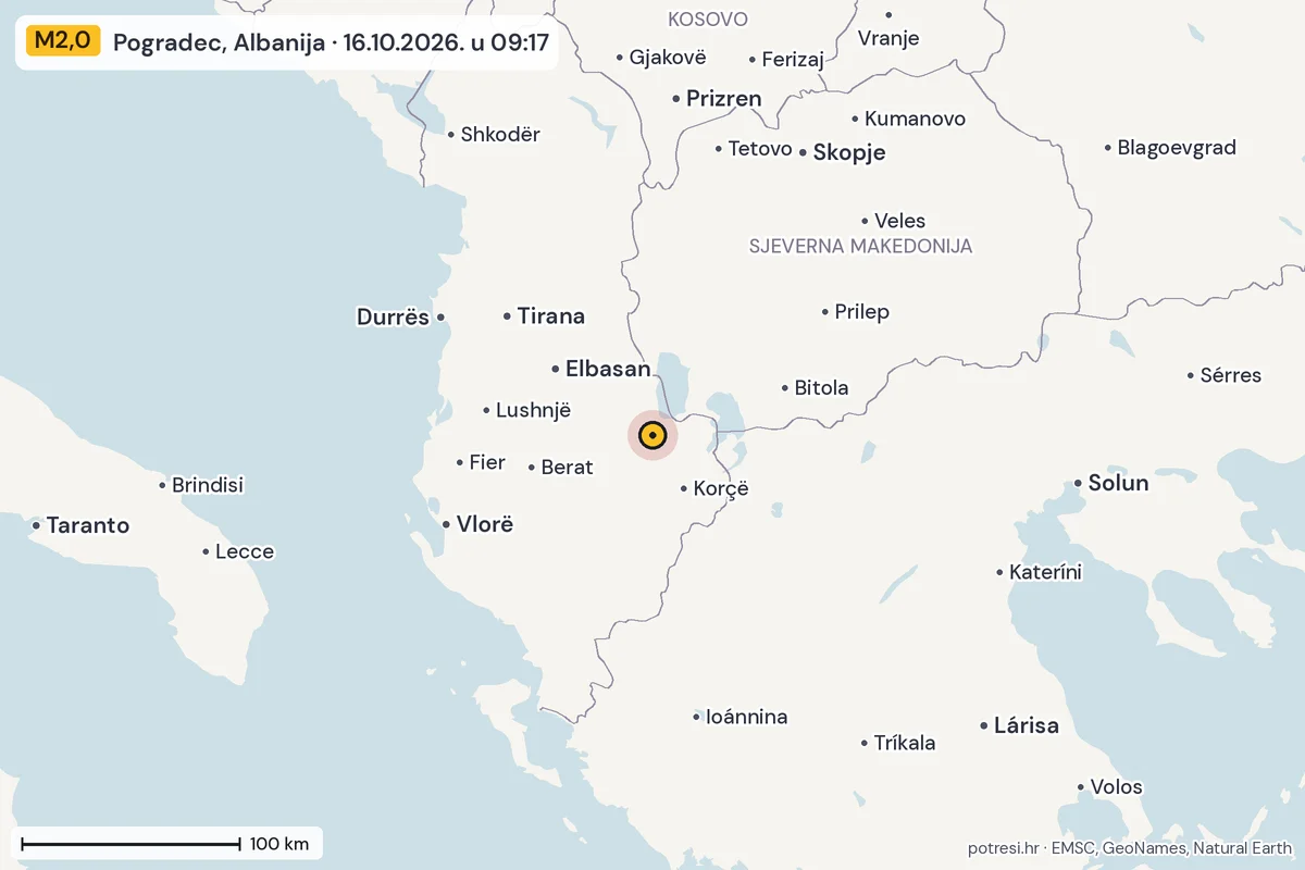 Karta: šire područje, 600 km, potres M2,0, Pogradec, Albanija, 16.10.2026.