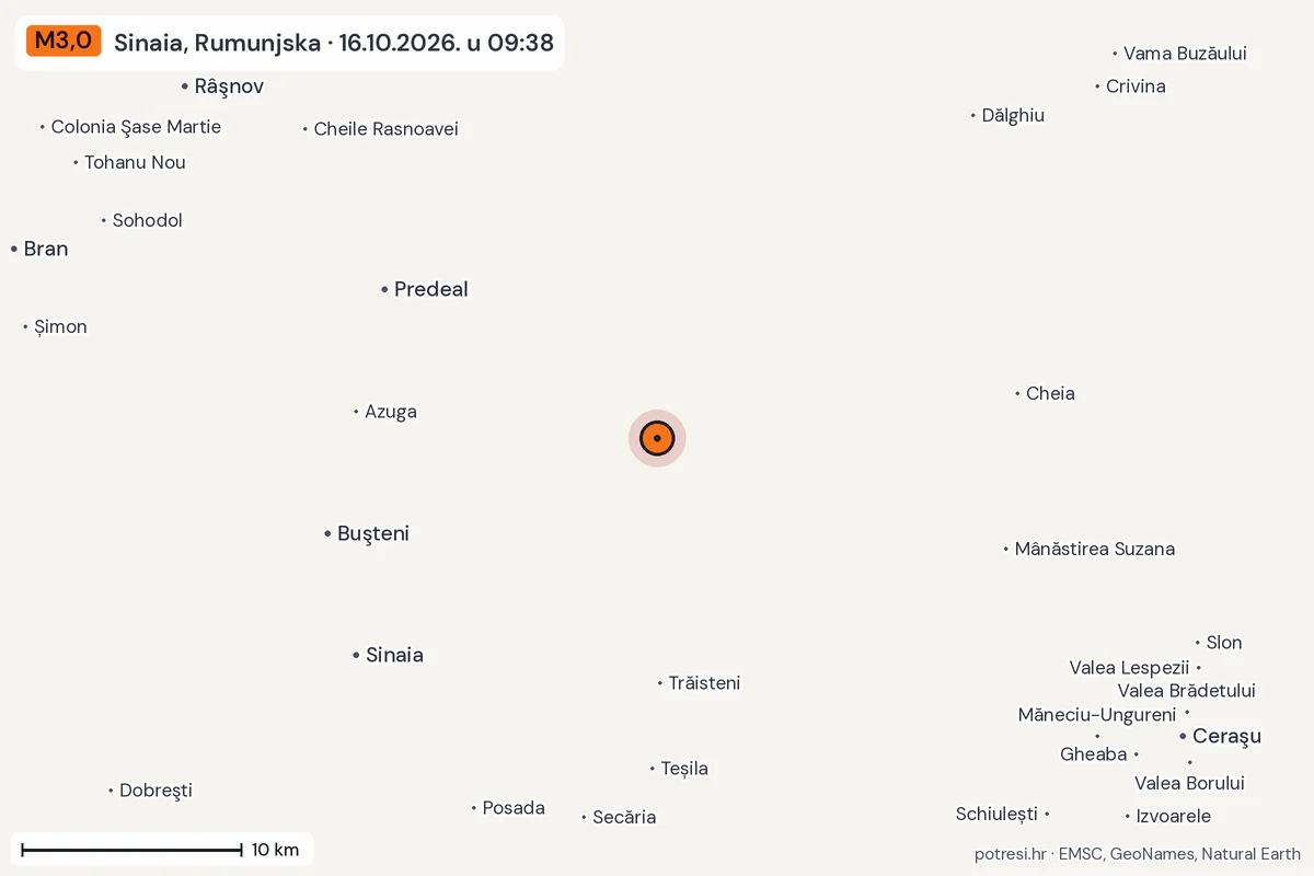 Karta: okolica epicentra, 60 km, potres M3,0, Sinaia, Rumunjska, 16.10.2026.