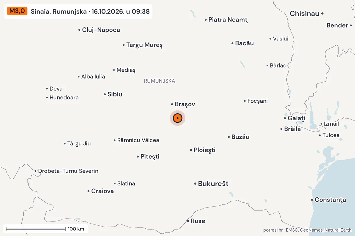 Karta: šire područje, 600 km, potres M3,0, Sinaia, Rumunjska, 16.10.2026.
