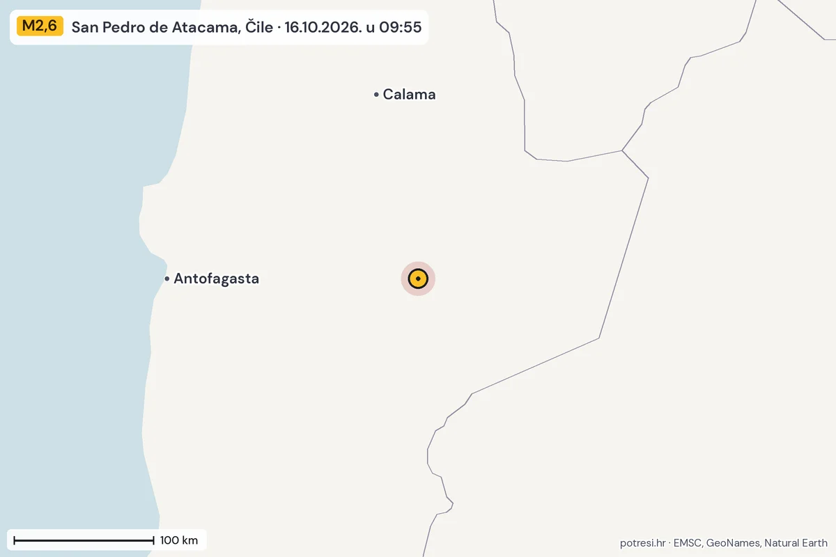 Karta: šire područje, 600 km, potres M2,6, San Pedro de Atacama, Čile, 16.10.2026.