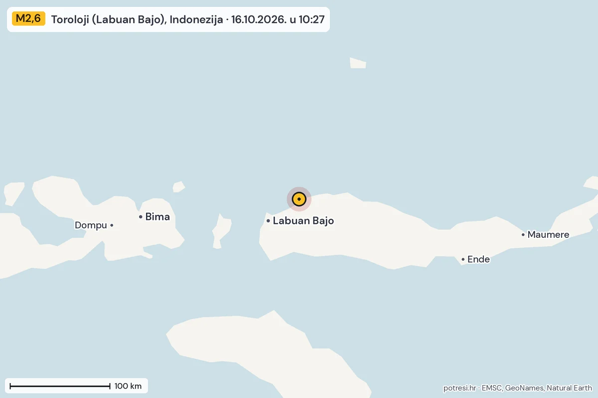 Karta: šire područje, 600 km, potres M2,6, Toroloji (Labuan Bajo), Indonezija, 16.10.2026.