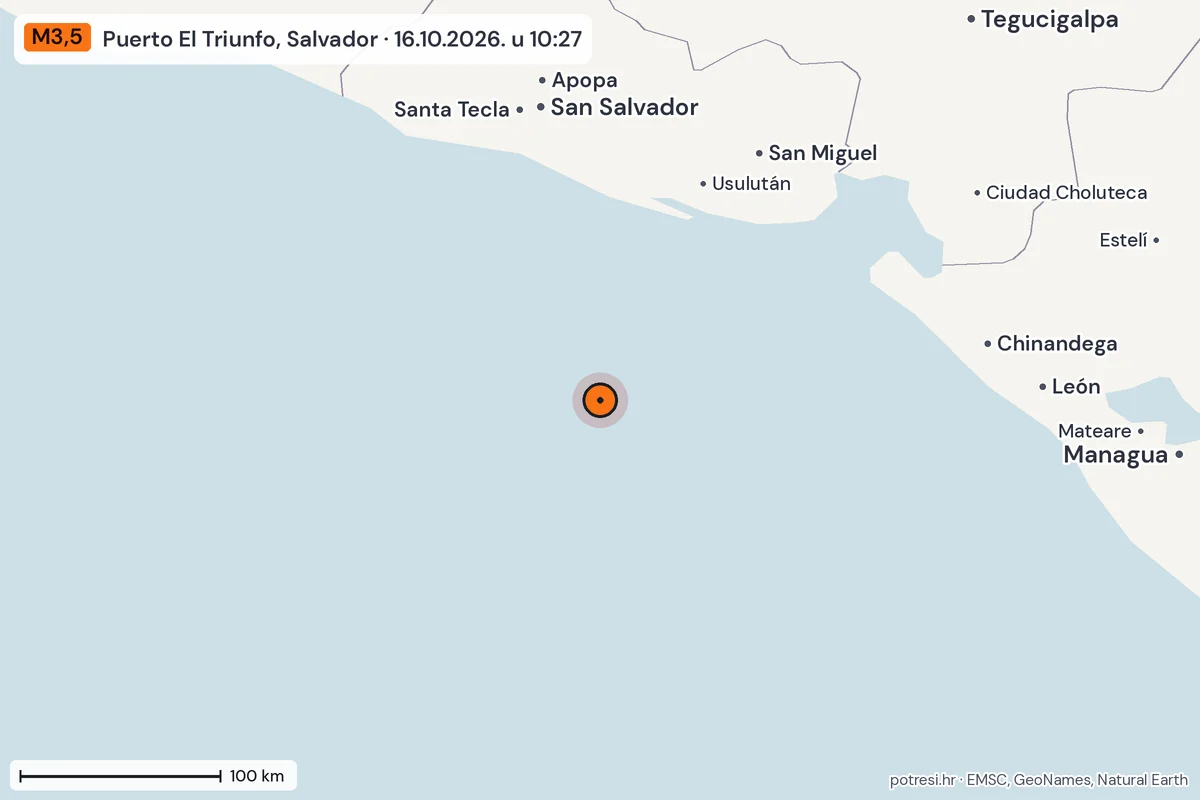 Karta: šire područje, 600 km, potres M3,5, Puerto El Triunfo, Salvador, 16.10.2026.