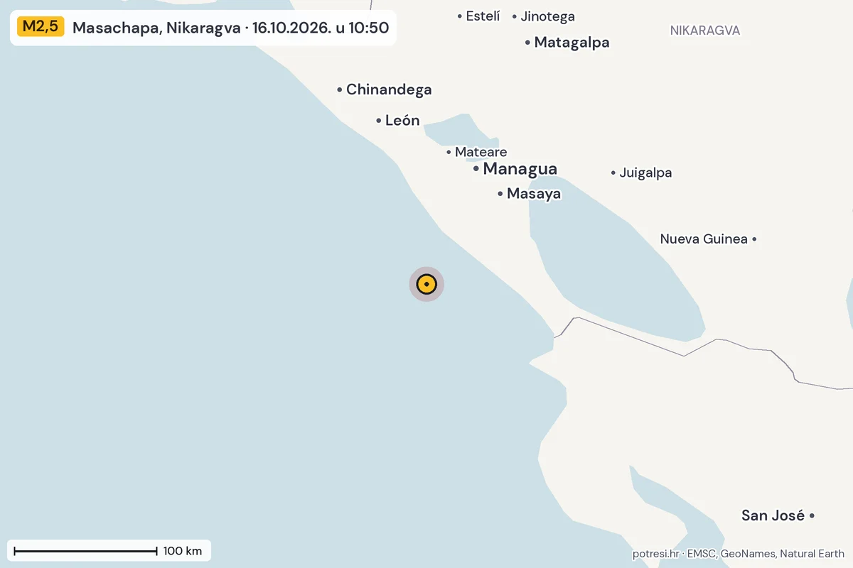 Karta: šire područje, 600 km, potres M2,5, Masachapa, Nikaragva, 16.10.2026.