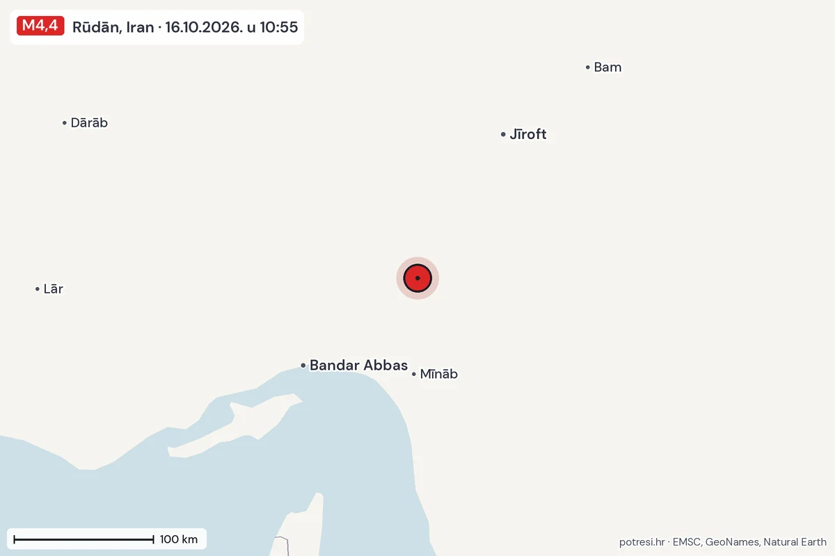 Karta: šire područje, 600 km, potres M4,4, Rūdān, Iran, 16.10.2026.