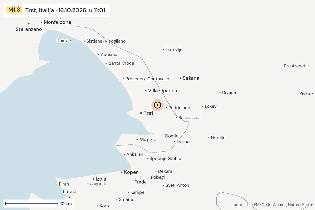Karta: okolica epicentra, 60 km, potres M1,3, Trst, Italija, 16.10.2026.