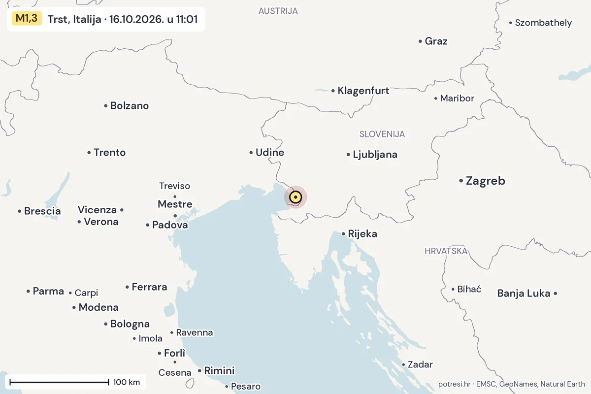 Karta: šire područje, 600 km, potres M1,3, Trst, Italija, 16.10.2026.