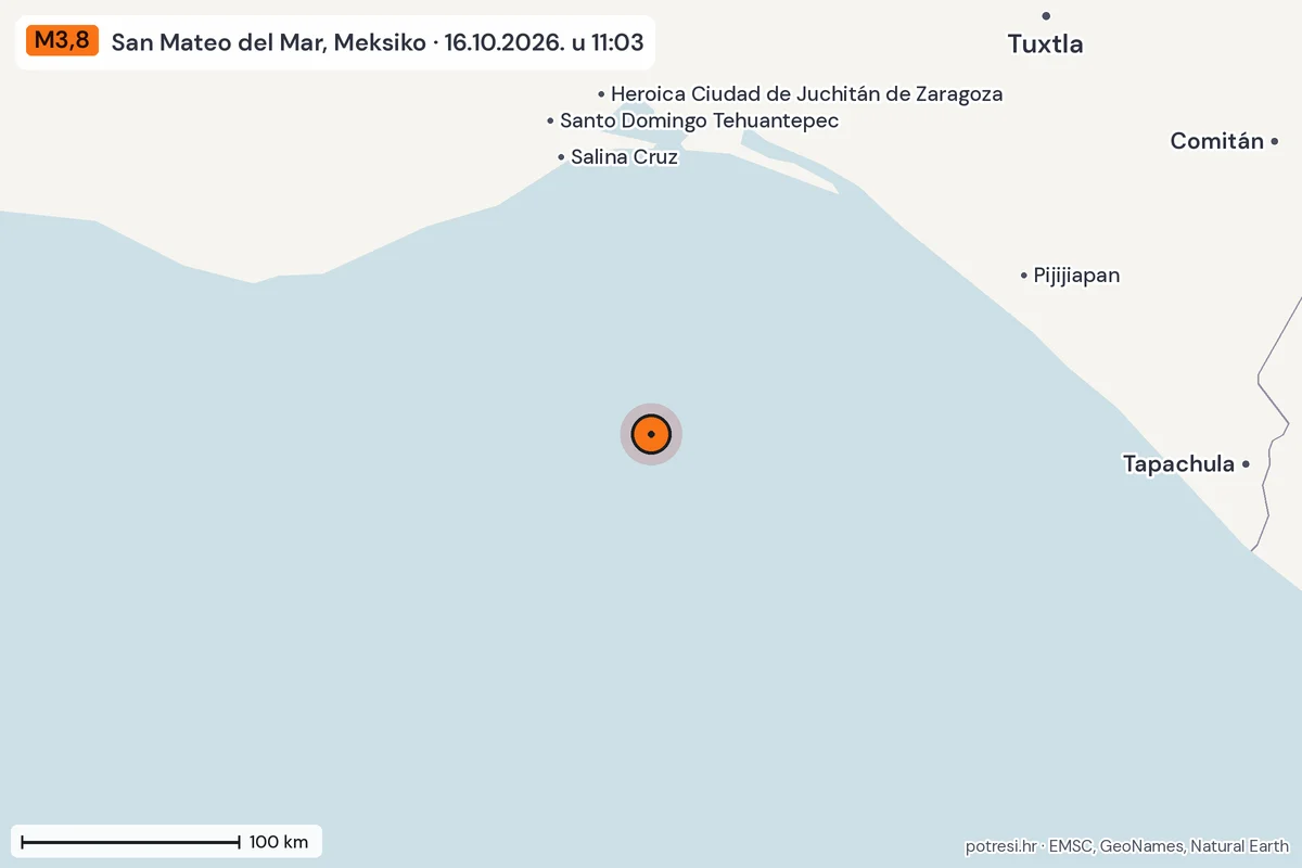 Karta: šire područje, 600 km, potres M3,8, San Mateo del Mar, Meksiko, 16.10.2026.