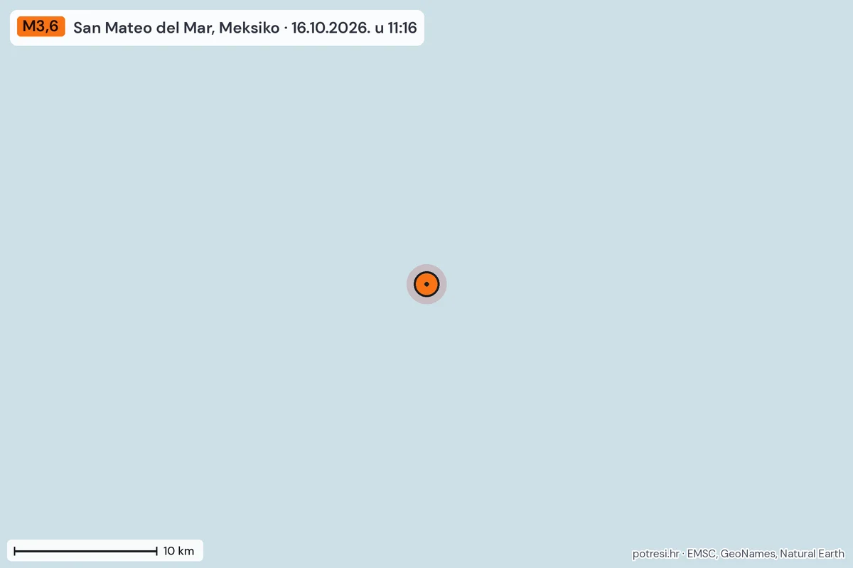 Karta: okolica epicentra, 60 km, potres M3,6, San Mateo del Mar, Meksiko, 16.10.2026.