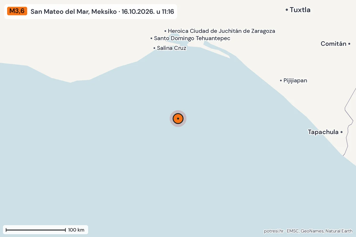Karta: šire područje, 600 km, potres M3,6, San Mateo del Mar, Meksiko, 16.10.2026.