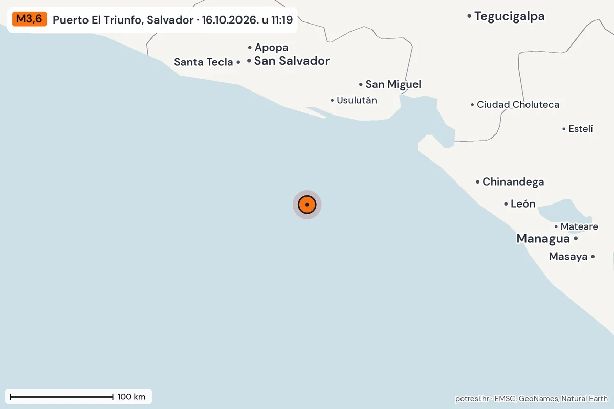 Karta: šire područje, 600 km, potres M3,6, Puerto El Triunfo, Salvador, 16.10.2026.