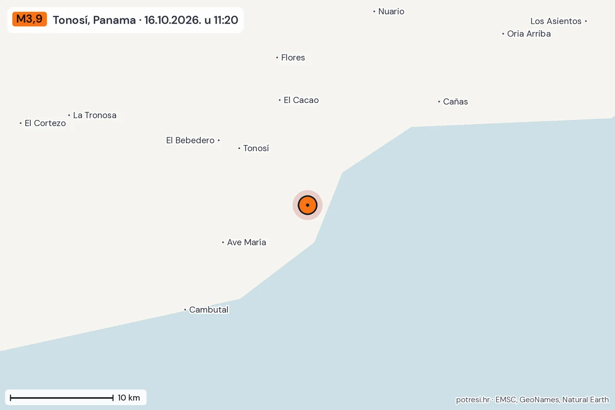 Karta: okolica epicentra, 60 km, potres M3,9, Tonosí, Panama, 16.10.2026.