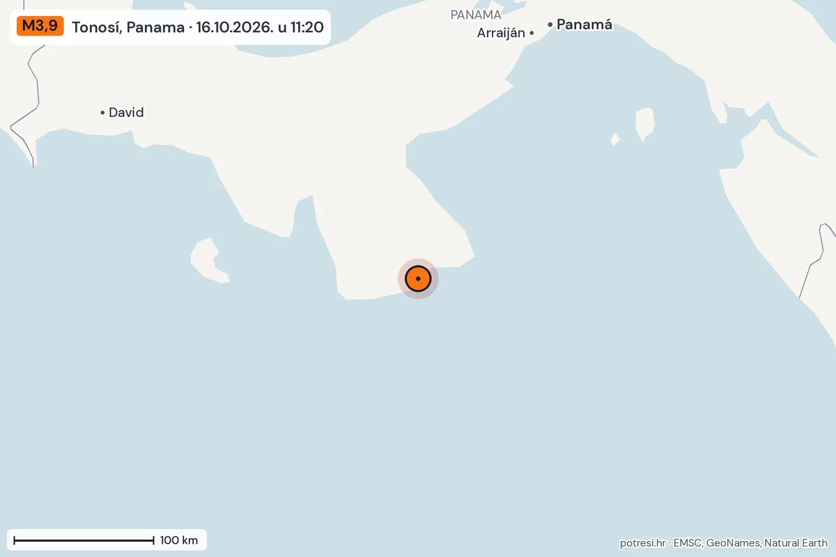 Karta: šire područje, 600 km, potres M3,9, Tonosí, Panama, 16.10.2026.