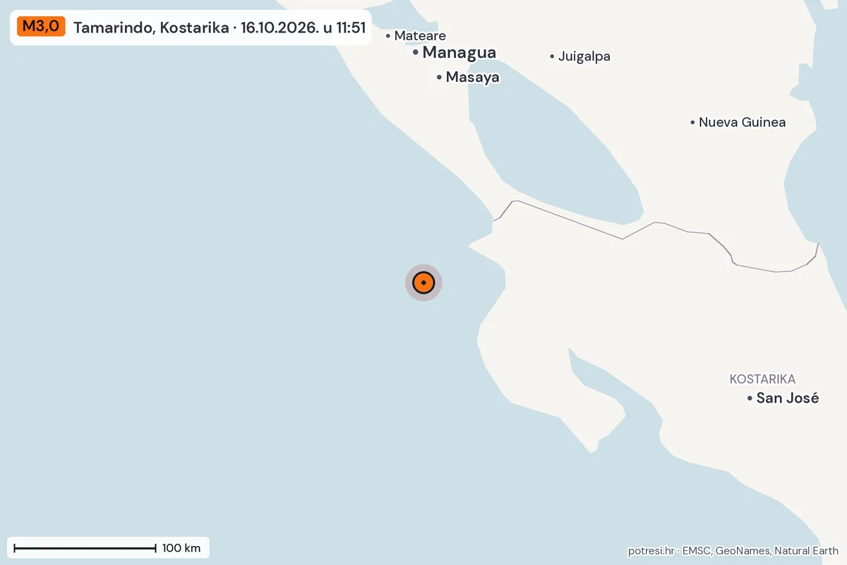 Karta: šire područje, 600 km, potres M3,0, Tamarindo, Kostarika, 16.10.2026.
