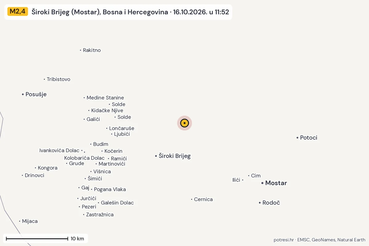 Karta: okolica epicentra, 60 km, potres M2,4, Široki Brijeg (Mostar), Bosna i Hercegovina, 16.10.2026.