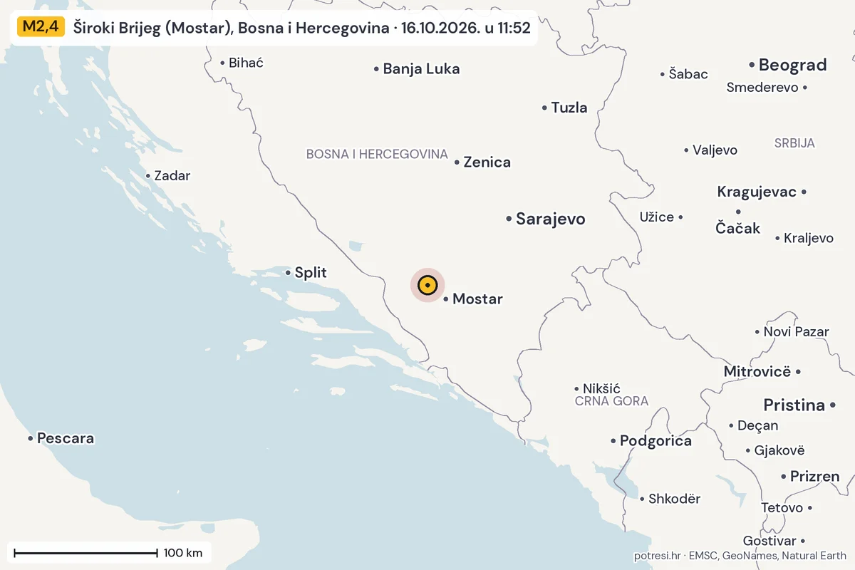 Karta: šire područje, 600 km, potres M2,4, Široki Brijeg (Mostar), Bosna i Hercegovina, 16.10.2026.