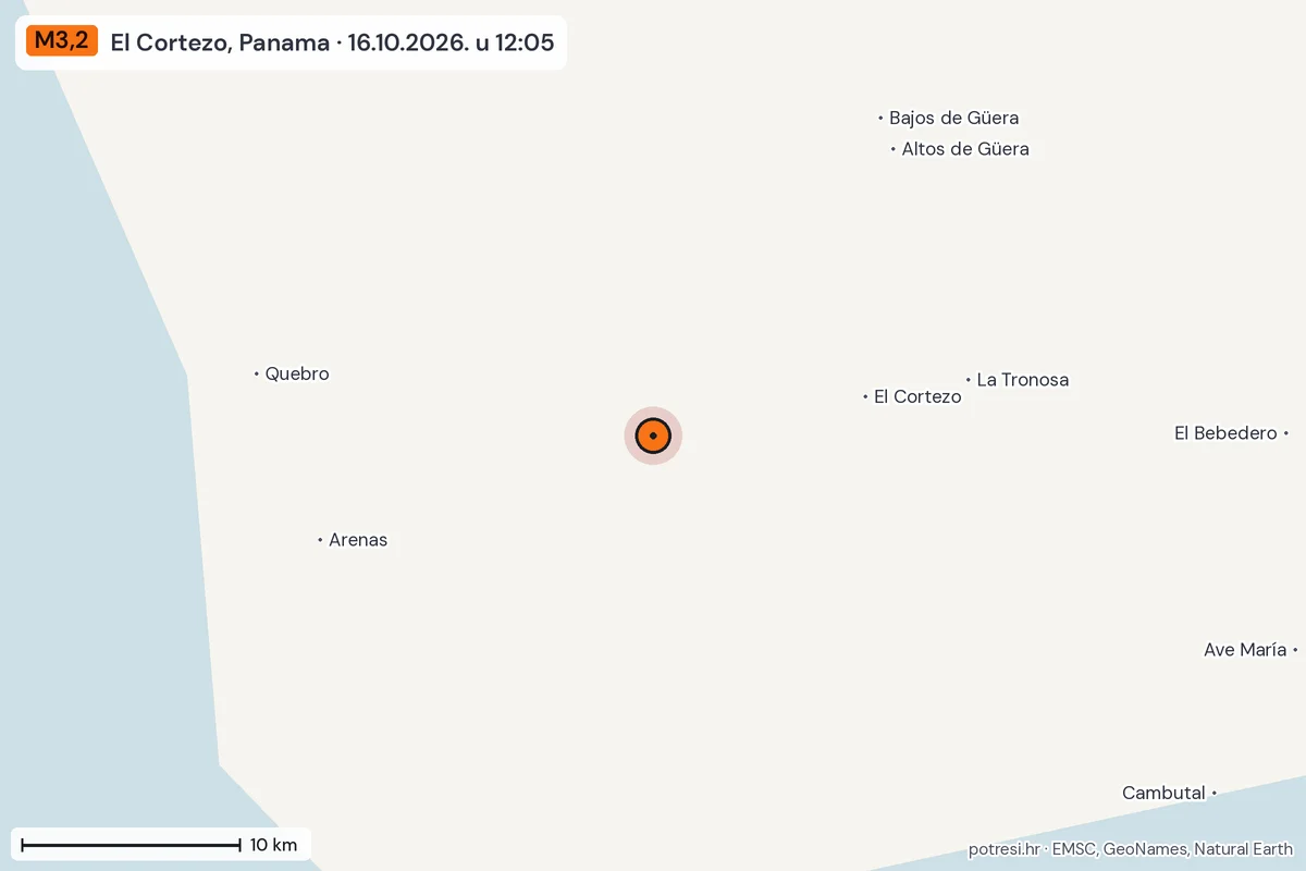 Karta: okolica epicentra, 60 km, potres M3,2, El Cortezo, Panama, 16.10.2026.