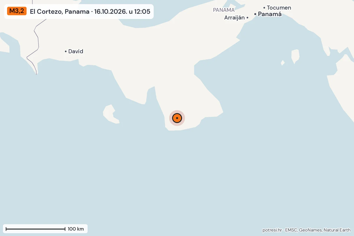 Karta: šire područje, 600 km, potres M3,2, El Cortezo, Panama, 16.10.2026.