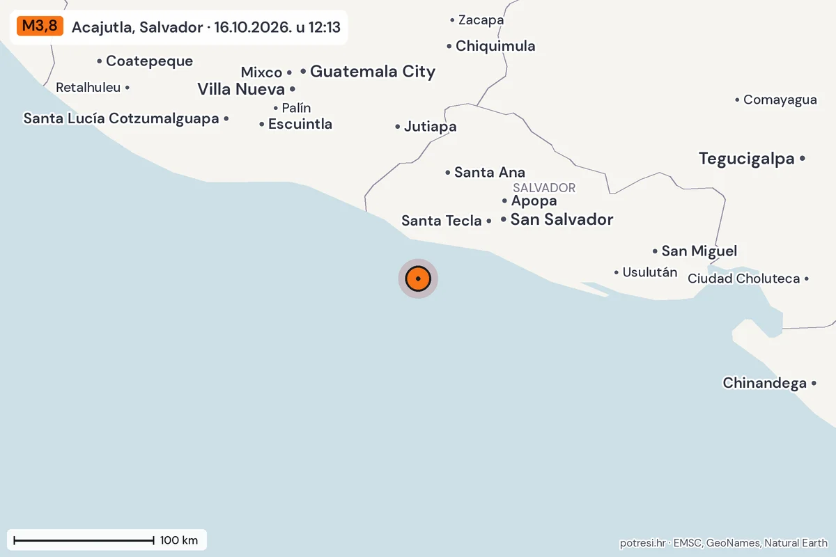 Karta: šire područje, 600 km, potres M3,8, Acajutla, Salvador, 16.10.2026.