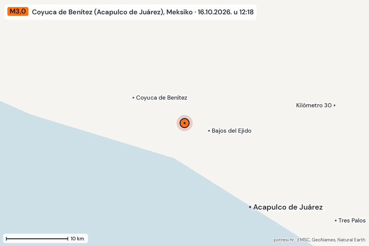 Karta: okolica epicentra, 60 km, potres M3,0, Coyuca de Benítez (Acapulco de Juárez), Meksiko, 16.10.2026.
