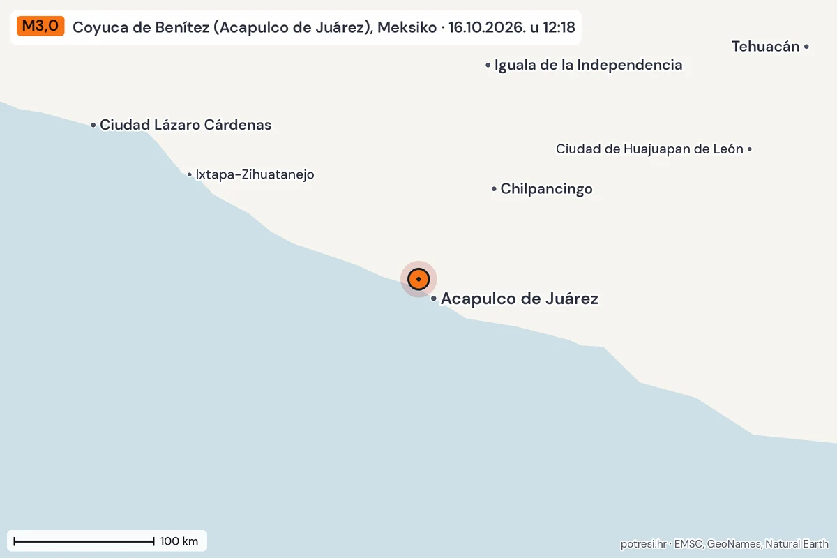 Karta: šire područje, 600 km, potres M3,0, Coyuca de Benítez (Acapulco de Juárez), Meksiko, 16.10.2026.