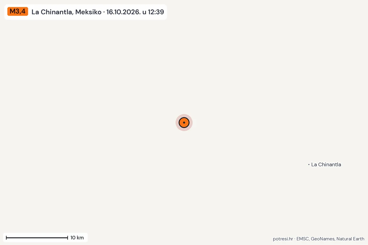 Karta: okolica epicentra, 60 km, potres M3,4, La Chinantla, Meksiko, 16.10.2026.