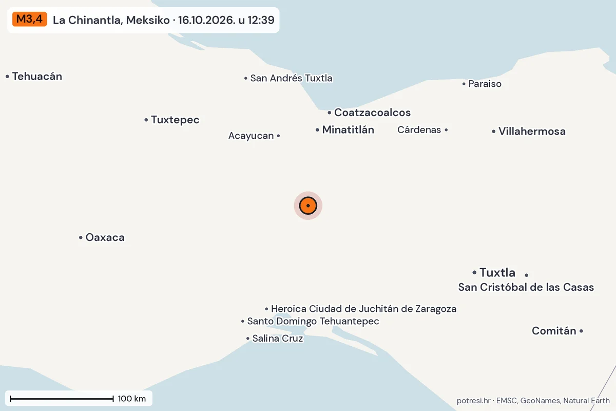Karta: šire područje, 600 km, potres M3,4, La Chinantla, Meksiko, 16.10.2026.