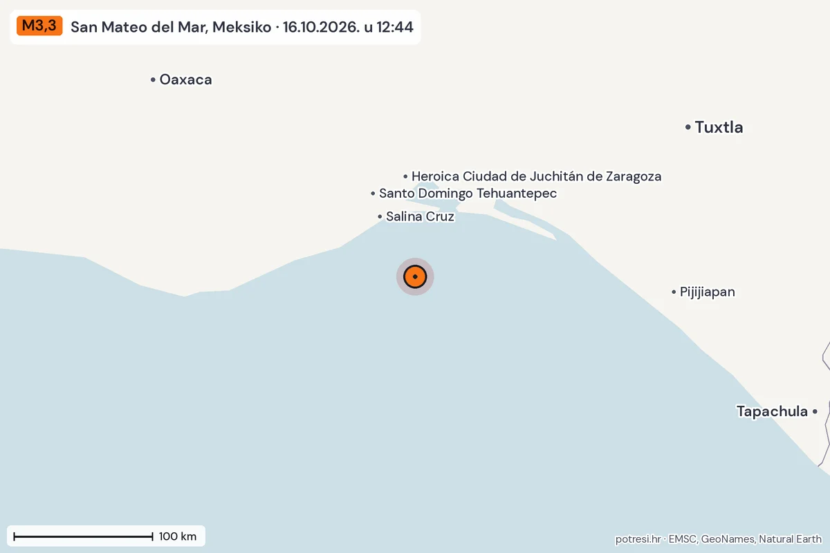 Karta: šire područje, 600 km, potres M3,3, San Mateo del Mar, Meksiko, 16.10.2026.