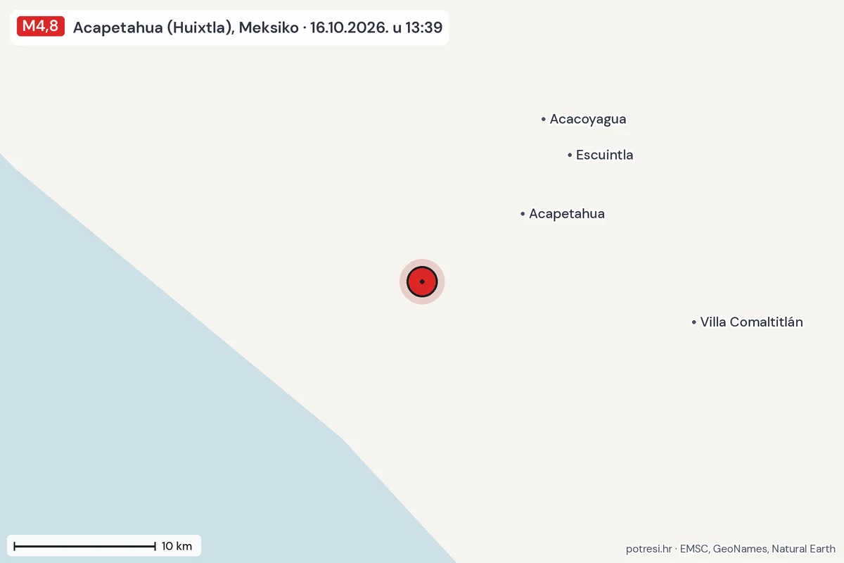 Karta: okolica epicentra, 60 km, potres M4,8, Acapetahua (Huixtla), Meksiko, 16.10.2026.