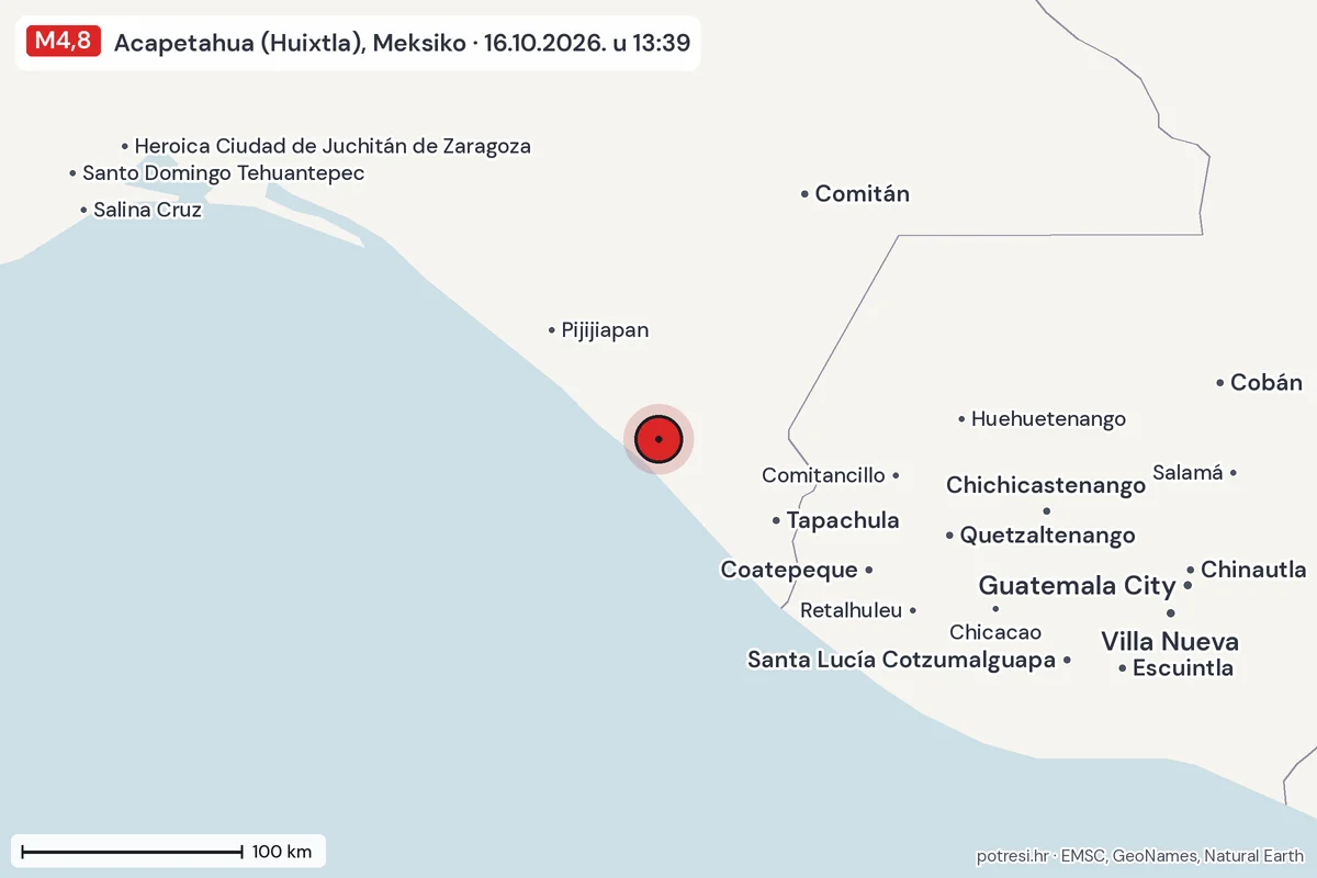 Karta: šire područje, 600 km, potres M4,8, Acapetahua (Huixtla), Meksiko, 16.10.2026.