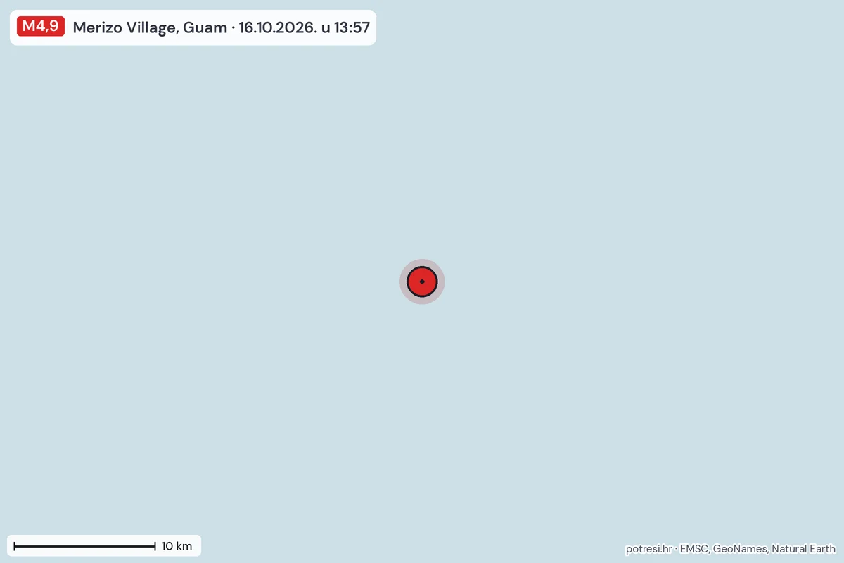 Karta: okolica epicentra, 60 km, potres M4,9, Merizo Village, Guam, 16.10.2026.