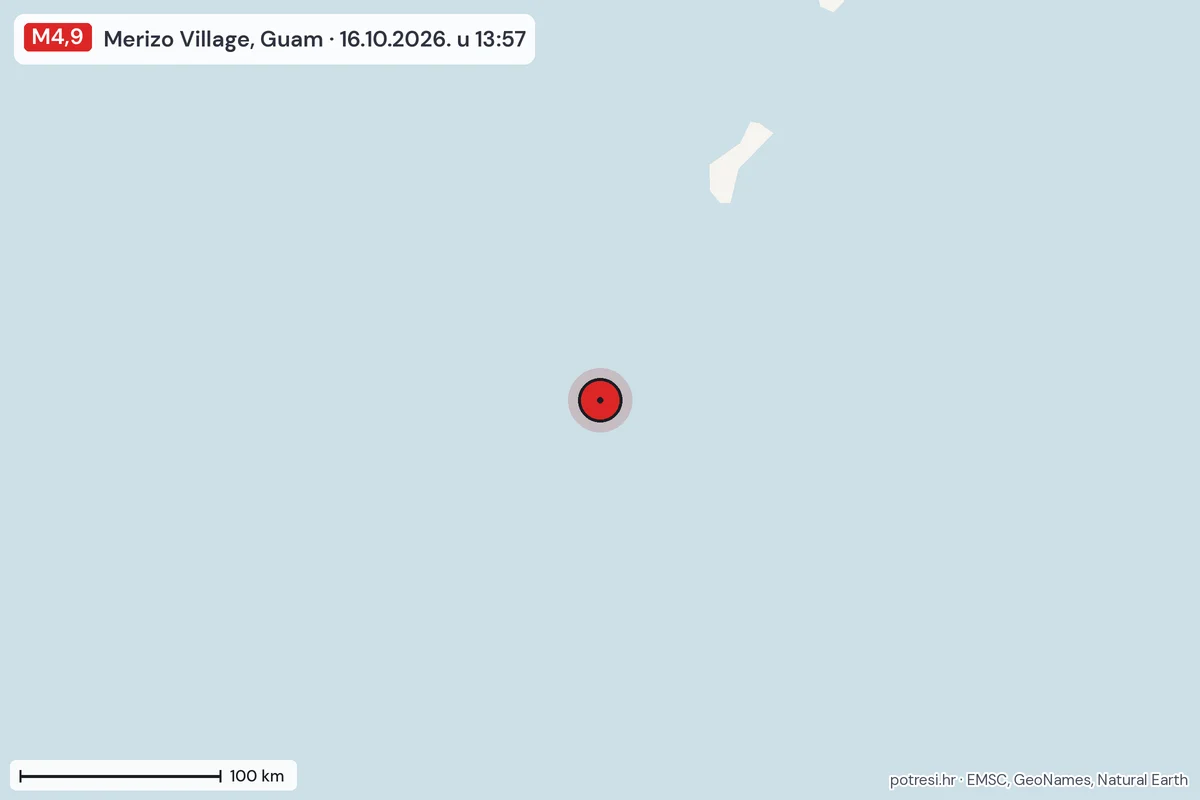 Karta: šire područje, 600 km, potres M4,9, Merizo Village, Guam, 16.10.2026.