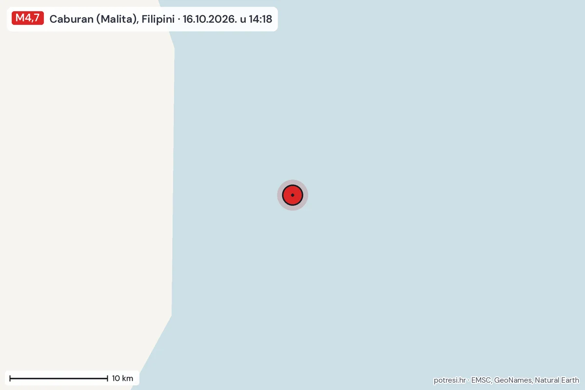 Karta: okolica epicentra, 60 km, potres M4,7, Caburan (Malita), Filipini, 16.10.2026.