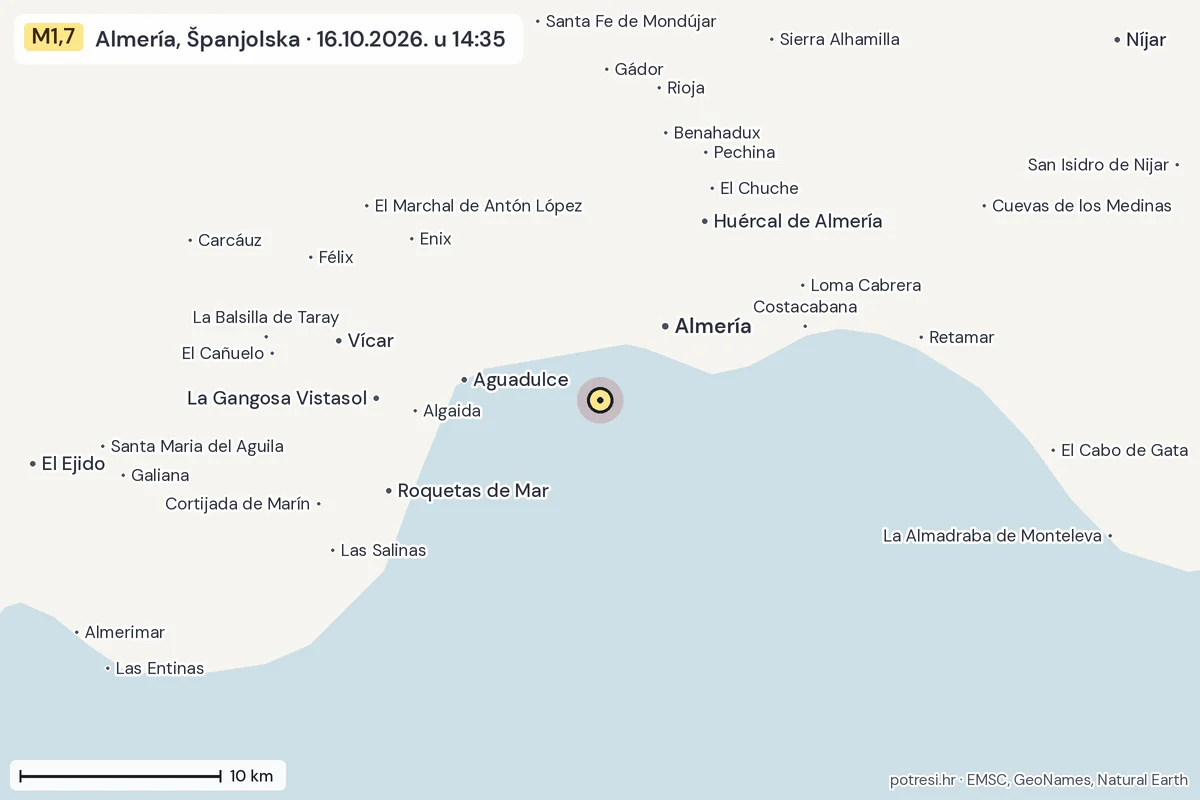 Karta: okolica epicentra, 60 km, potres M1,7, Almería, Španjolska, 16.10.2026.