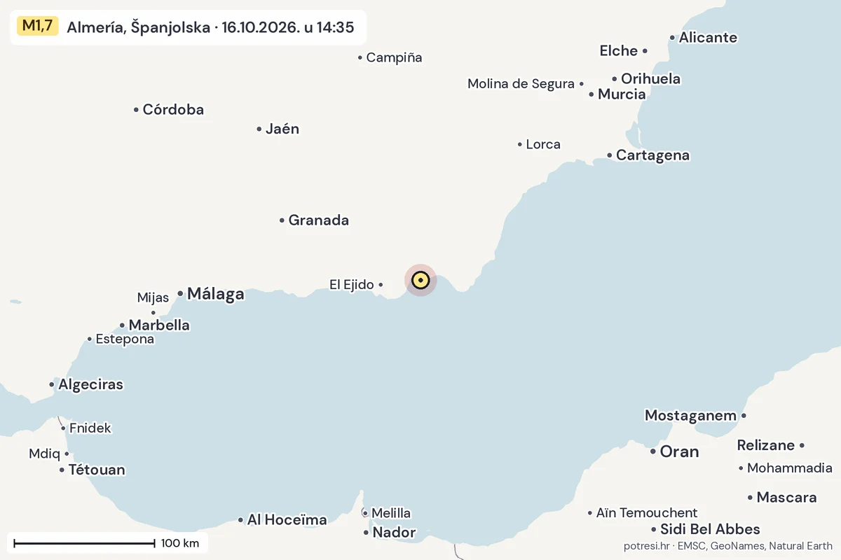 Karta: šire područje, 600 km, potres M1,7, Almería, Španjolska, 16.10.2026.