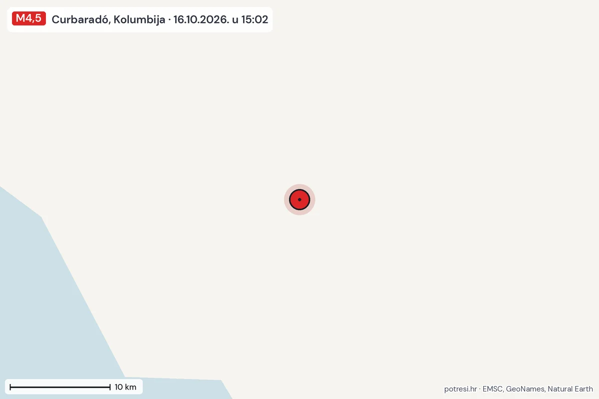 Karta: okolica epicentra, 60 km, potres M4,5, Curbaradó, Kolumbija, 16.10.2026.