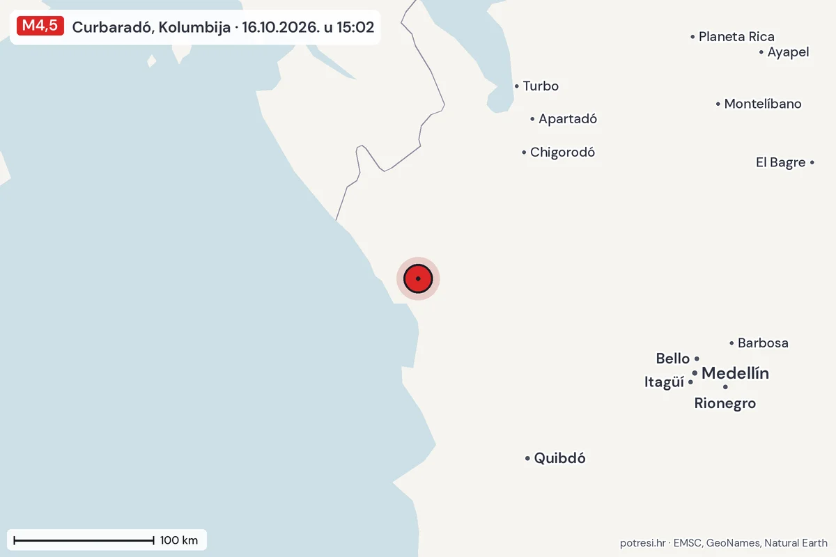 Karta: šire područje, 600 km, potres M4,5, Curbaradó, Kolumbija, 16.10.2026.