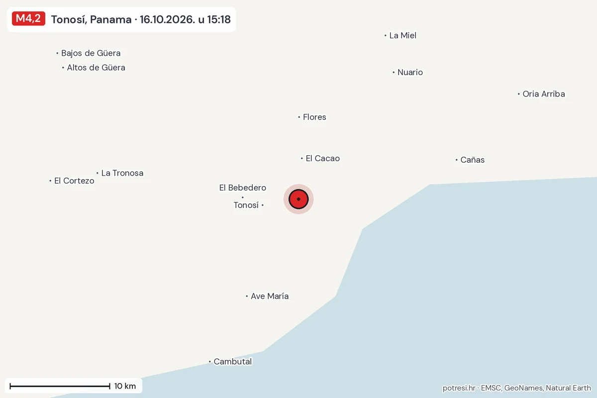 Karta: okolica epicentra, 60 km, potres M4,2, Tonosí, Panama, 16.10.2026.