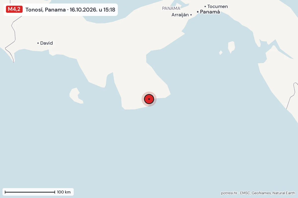 Karta: šire područje, 600 km, potres M4,2, Tonosí, Panama, 16.10.2026.