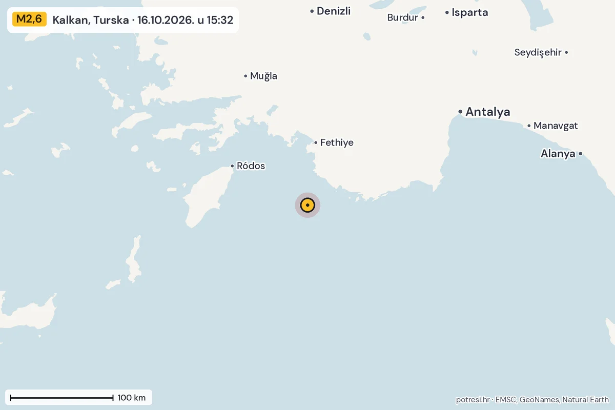 Karta: šire područje, 600 km, potres M2,6, Kalkan, Turska, 16.10.2026.