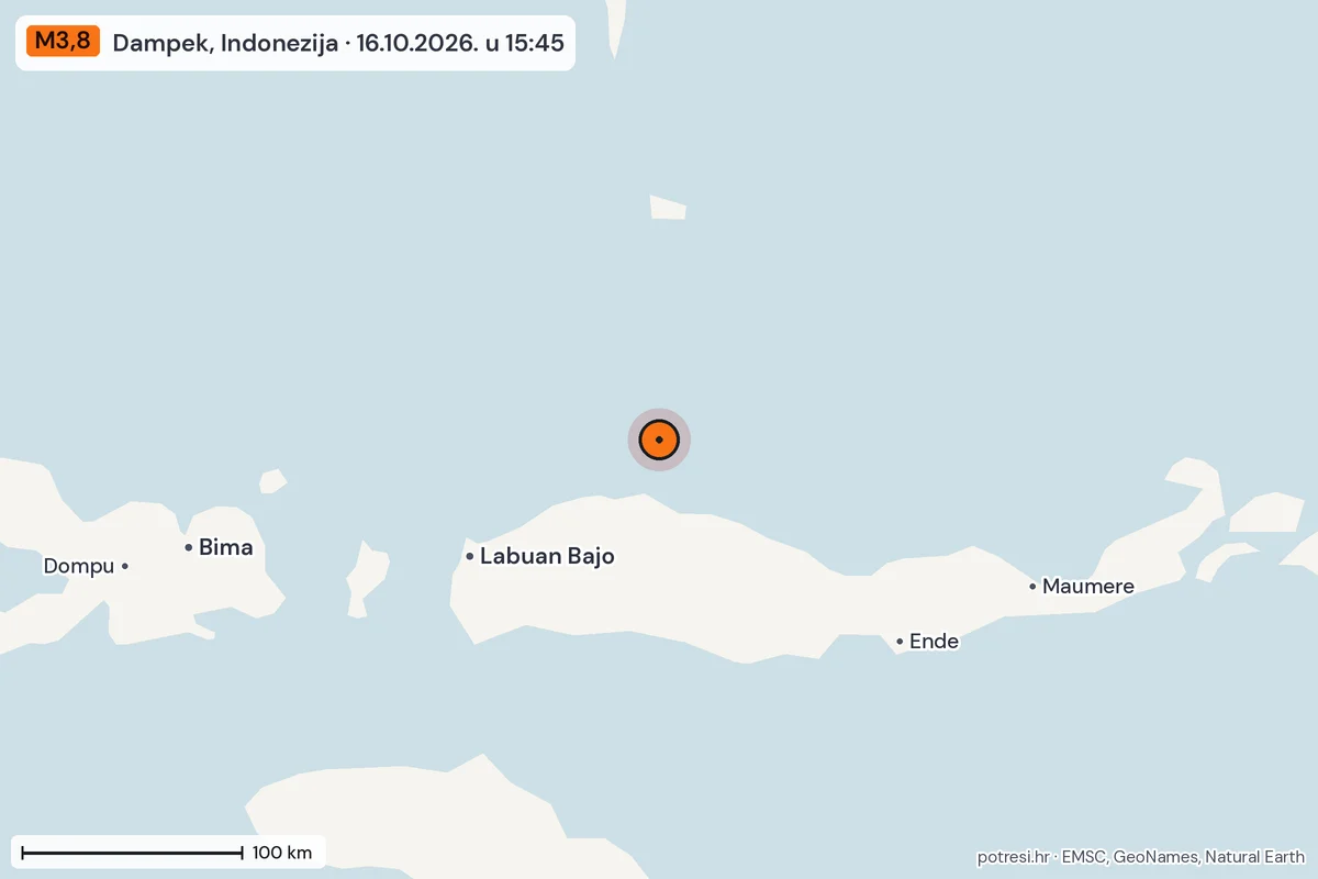 Karta: šire područje, 600 km, potres M3,8, Dampek, Indonezija, 16.10.2026.